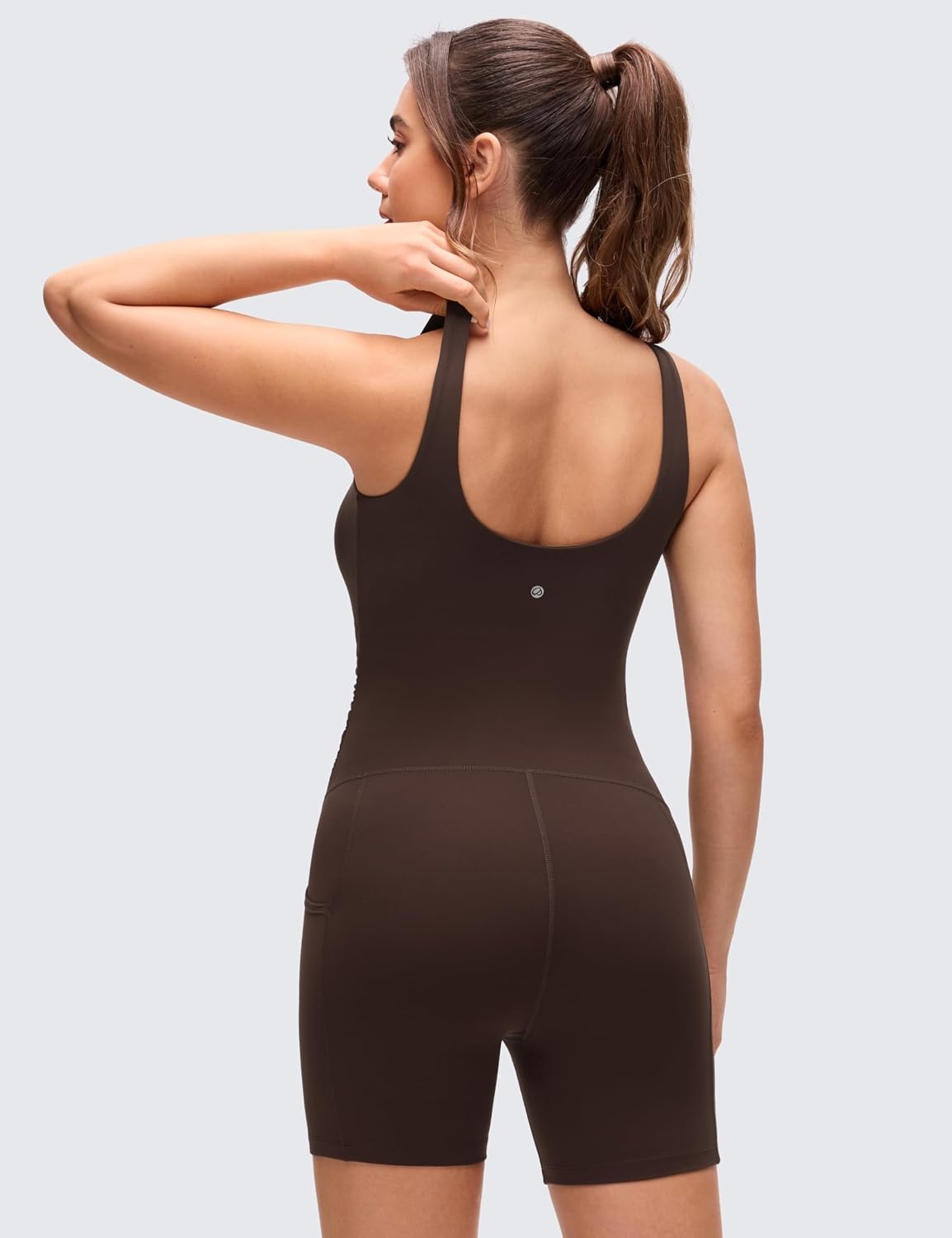 image:imageCRZ YOGA Butterluxe Maternity Workout Romper Pockets U Neck Sleeveless Shorts Jumpsuit Pregnancy Womens Ruched BodysuitHot Fudge Brown
