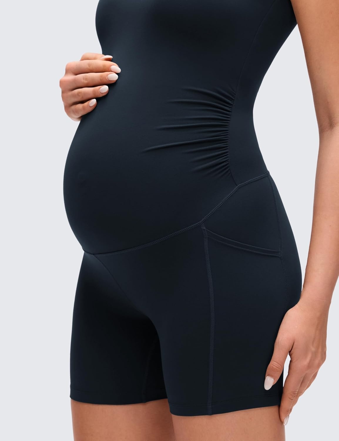 image:imageCRZ YOGA Butterluxe Maternity Workout Romper Pockets U Neck Sleeveless Shorts Jumpsuit Pregnancy Womens Ruched BodysuitTrue Navy