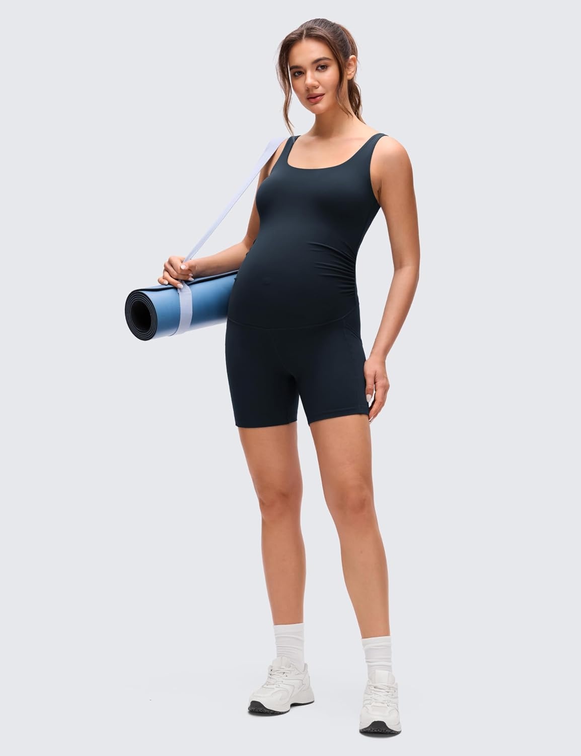 image:imageCRZ YOGA Butterluxe Maternity Workout Romper Pockets U Neck Sleeveless Shorts Jumpsuit Pregnancy Womens Ruched BodysuitTrue Navy