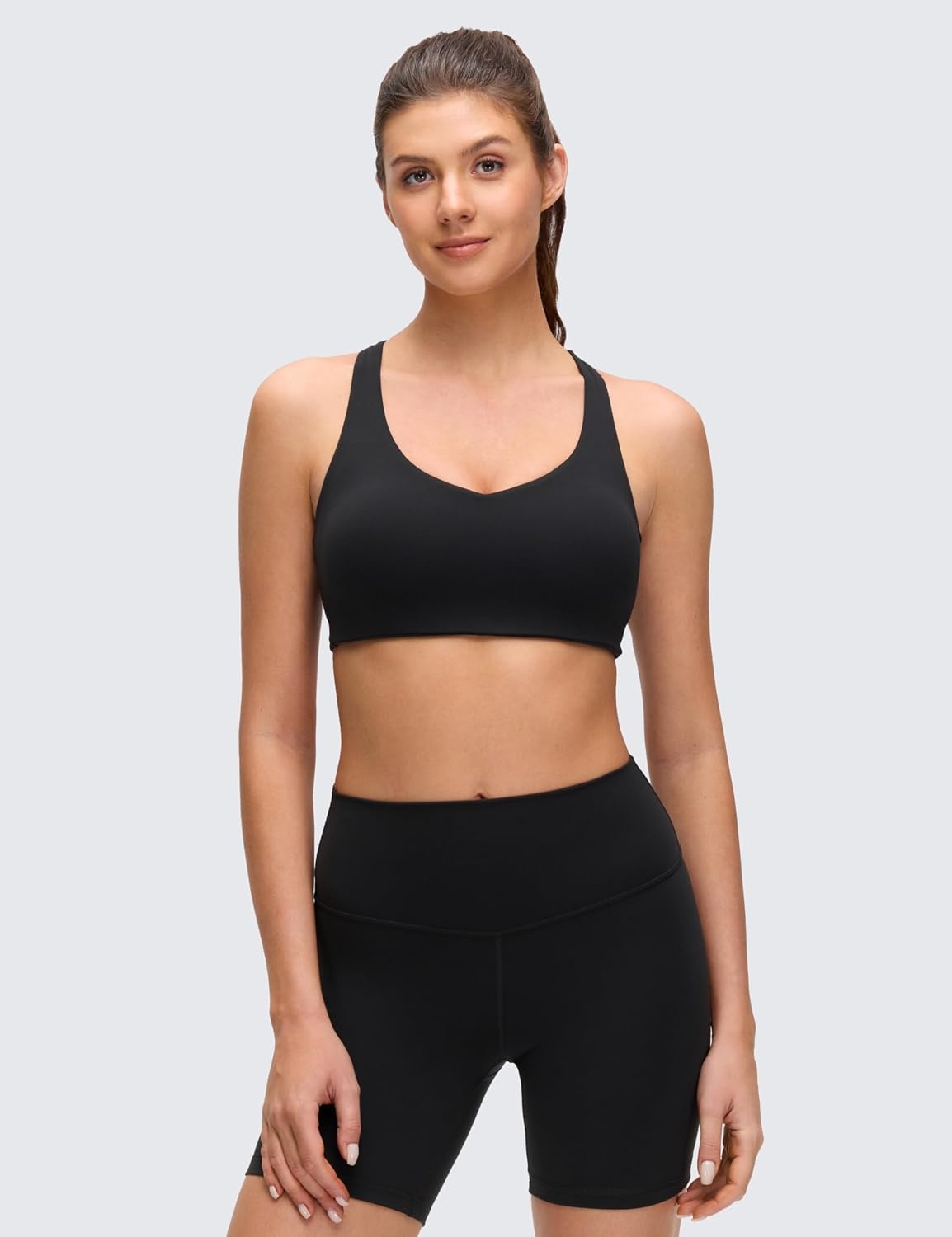 image:imageCRZ YOGA Butterluxe MultiStrap Cross Back Sports Bras for Women V Neck Padded Strappy Wireless Yoga TopBlack