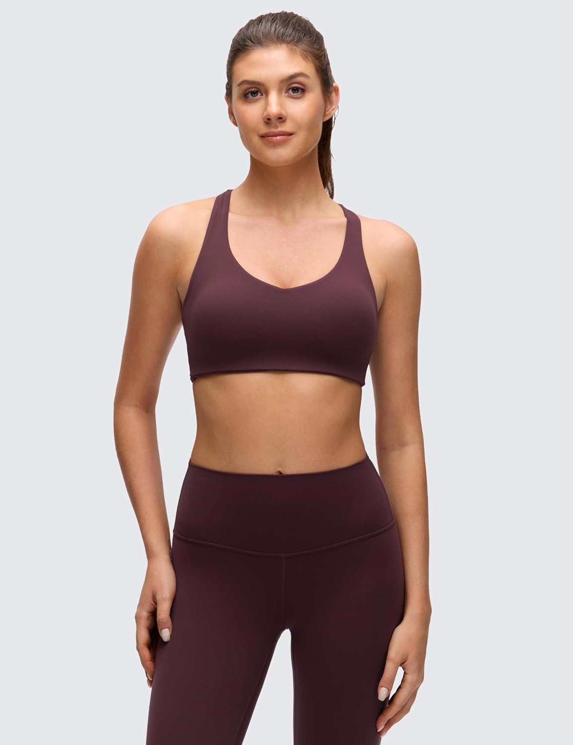 image:imageCRZ YOGA Butterluxe MultiStrap Cross Back Sports Bras for Women V Neck Padded Strappy Wireless Yoga TopRipe Plum