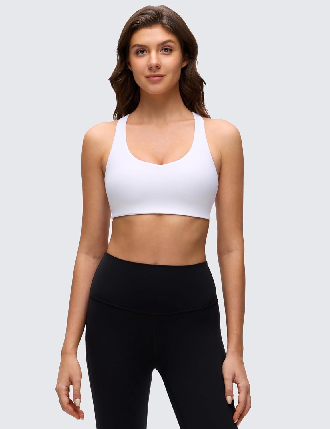 image:imageCRZ YOGA Butterluxe MultiStrap Cross Back Sports Bras for Women V Neck Padded Strappy Wireless Yoga TopWhite