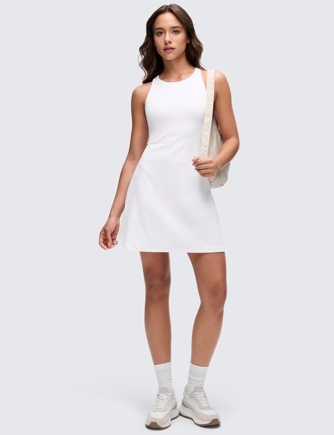 image:imageCRZ YOGA Butterluxe Racerback Mini Dress for Women A Line Crewneck Casual Travel Outfits with Bras No Builtin ShortsWhite