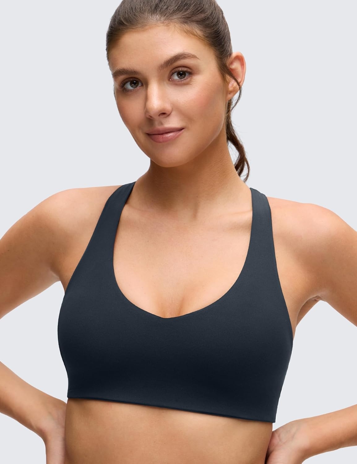 image:imageCRZ YOGA Butterluxe Racerback Sports Bras for Women V Neck Supportive Padded Wireless Athletic Yoga Crop Top True Navy Medium