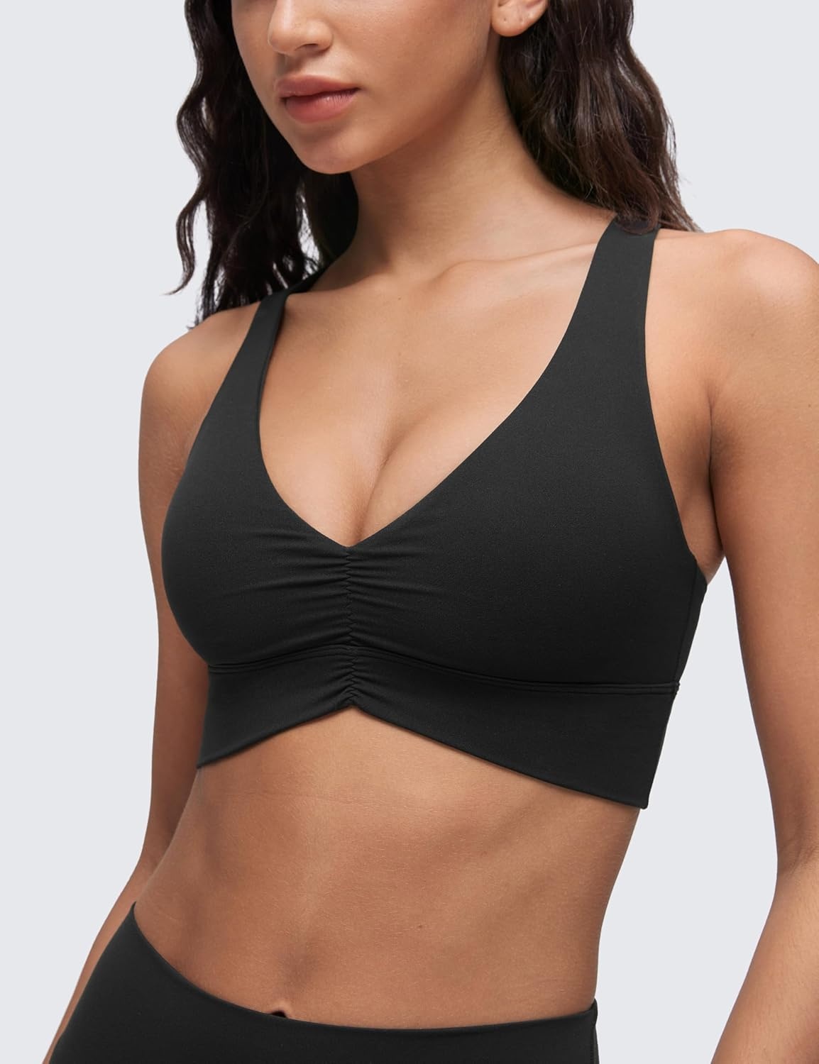 image:imageCRZ YOGA Butterluxe Ruched Longline Sports Bras for Women V Neck Padded Yoga Tank Wide Straps Cross Back Crop TopsBlack