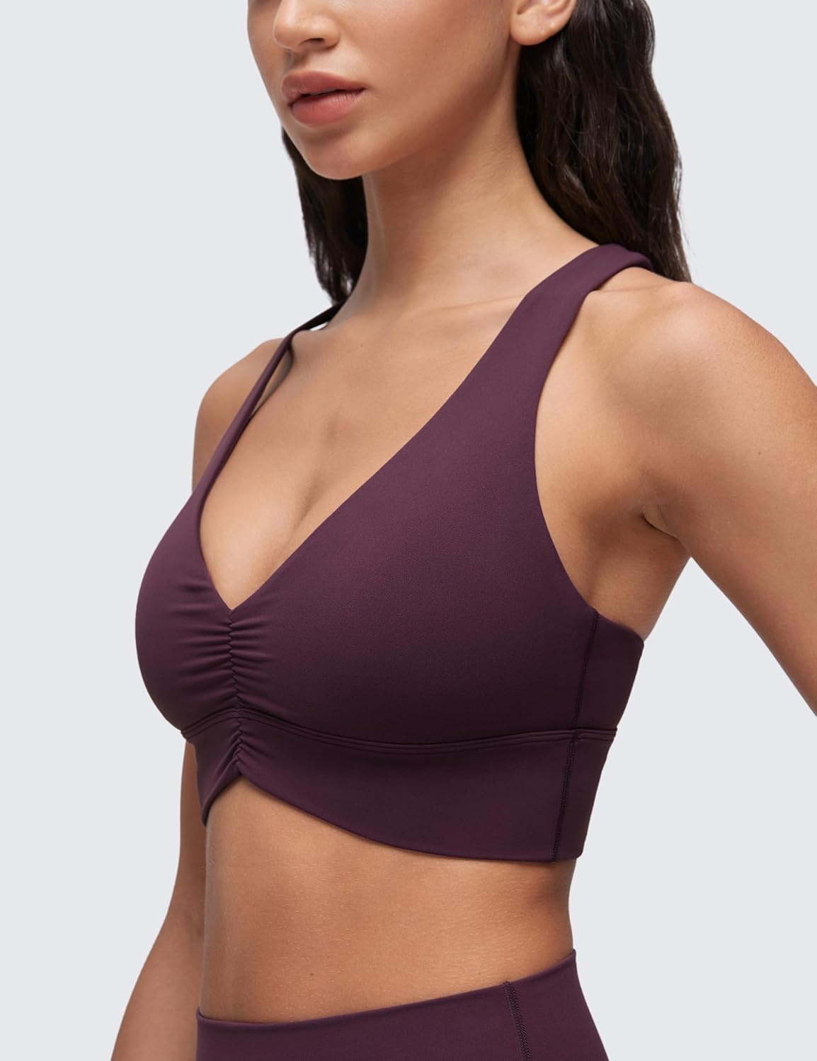 image:imageCRZ YOGA Butterluxe Ruched Longline Sports Bras for Women V Neck Padded Yoga Tank Wide Straps Cross Back Crop TopsDeep Purple