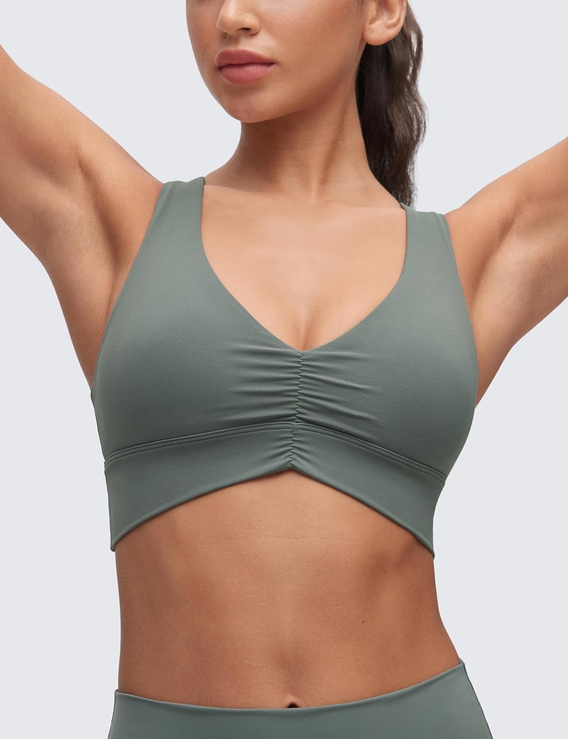 image:imageCRZ YOGA Butterluxe Ruched Longline Sports Bras for Women V Neck Padded Yoga Tank Wide Straps Cross Back Crop TopsGrey Sage