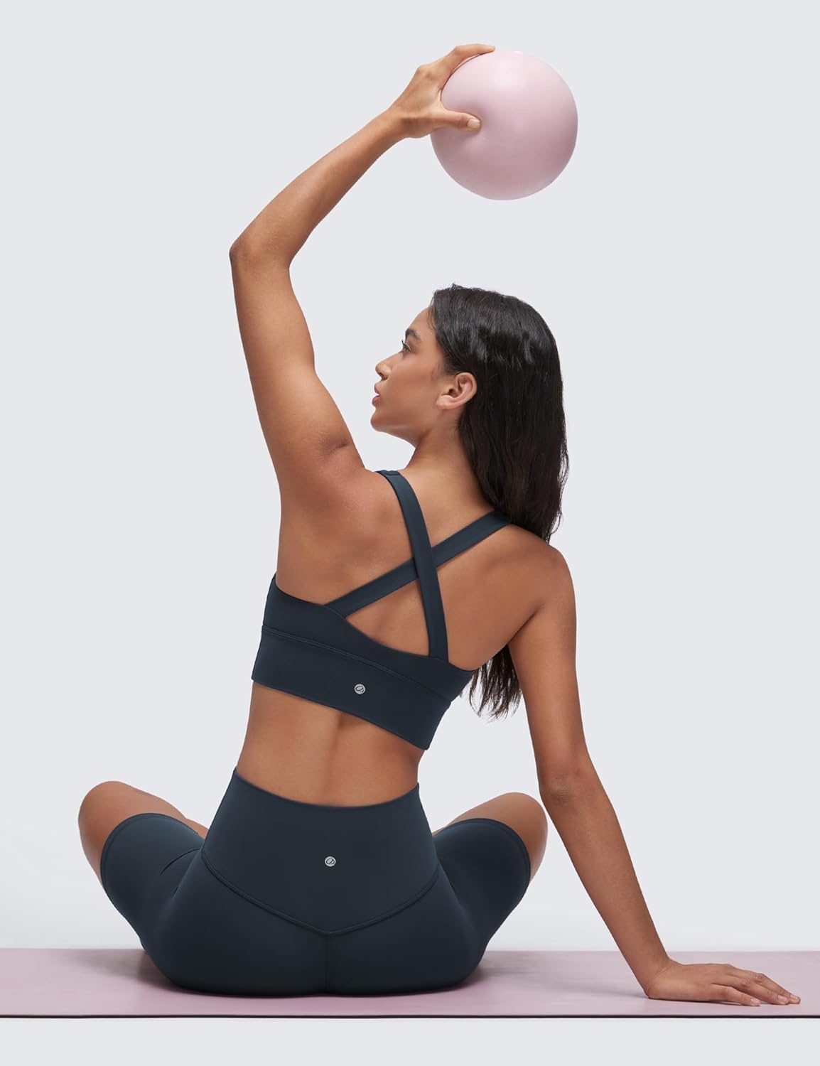 image:imageCRZ YOGA Butterluxe Ruched Longline Sports Bras for Women V Neck Padded Yoga Tank Wide Straps Cross Back Crop TopsTrue Navy