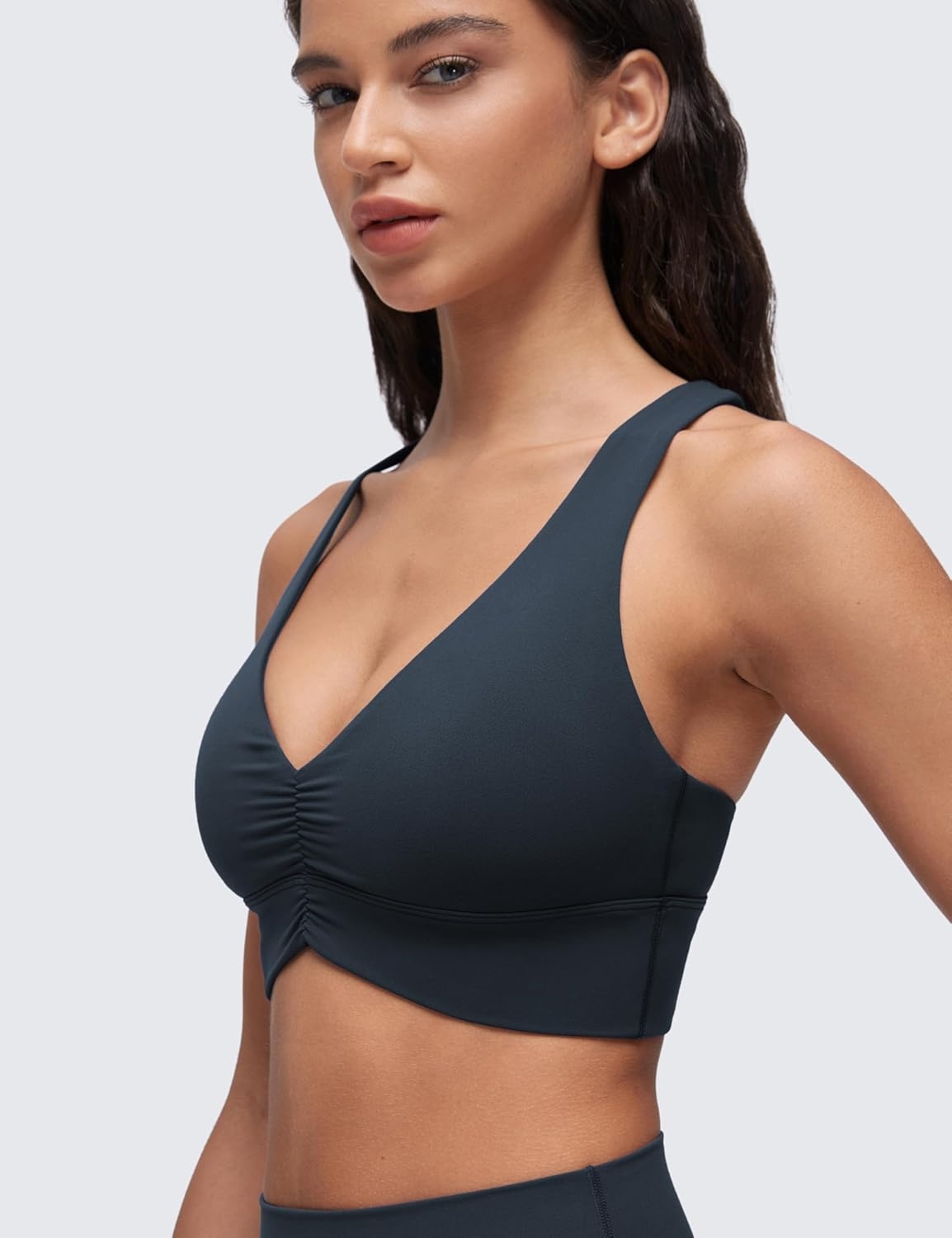 image:imageCRZ YOGA Butterluxe Ruched Longline Sports Bras for Women V Neck Padded Yoga Tank Wide Straps Cross Back Crop TopsTrue Navy