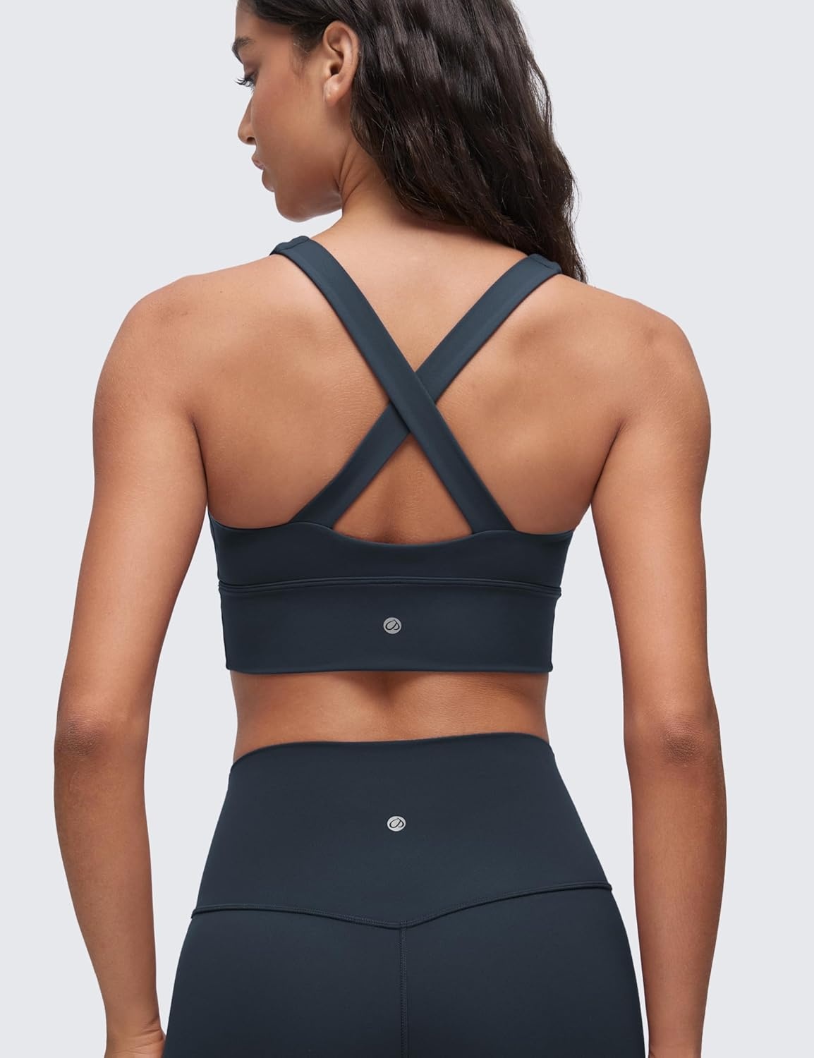 image:imageCRZ YOGA Butterluxe Ruched Longline Sports Bras for Women V Neck Padded Yoga Tank Wide Straps Cross Back Crop TopsTrue Navy