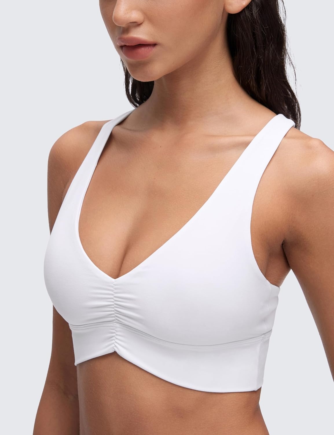 image:imageCRZ YOGA Butterluxe Ruched Longline Sports Bras for Women V Neck Padded Yoga Tank Wide Straps Cross Back Crop TopsWhite