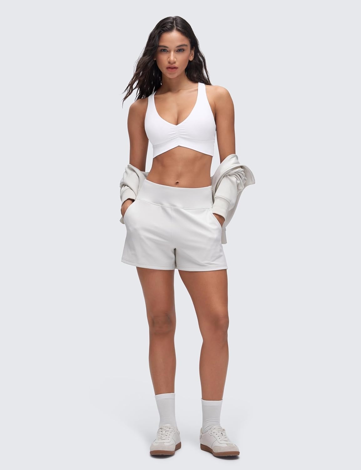 image:imageCRZ YOGA Butterluxe Ruched Longline Sports Bras for Women V Neck Padded Yoga Tank Wide Straps Cross Back Crop TopsWhite