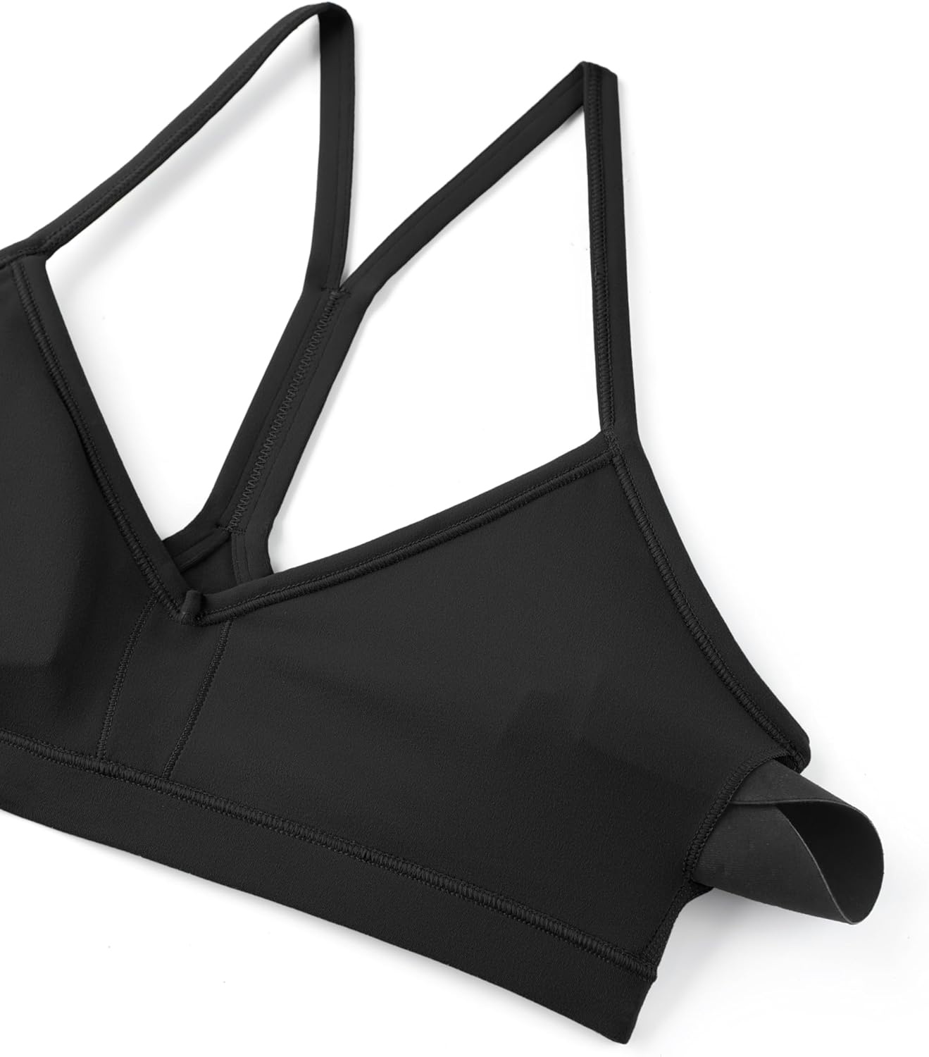 image:imageCRZ YOGA Butterluxe Ruched Sports Bras for Women V Neck Spaghetti Thin Strap Y Back Wireless Padded Yoga Crop TopBlack