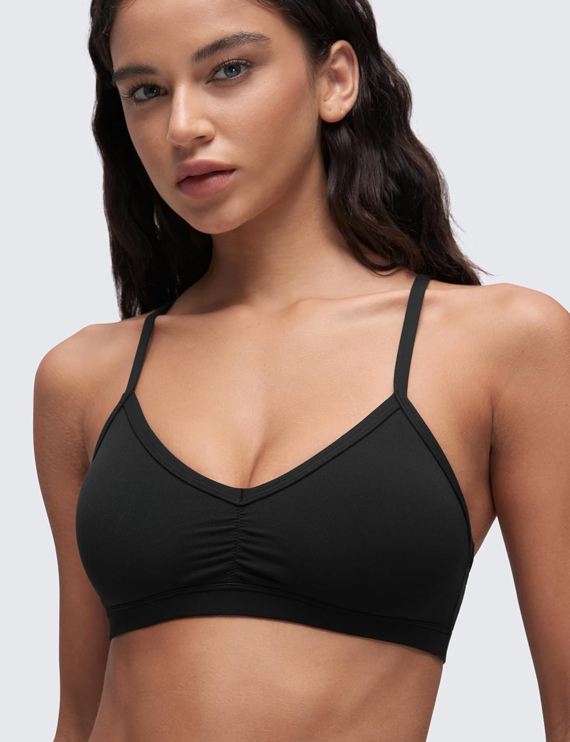 image:imageCRZ YOGA Butterluxe Ruched Sports Bras for Women V Neck Spaghetti Thin Strap Y Back Wireless Padded Yoga Crop TopBlack