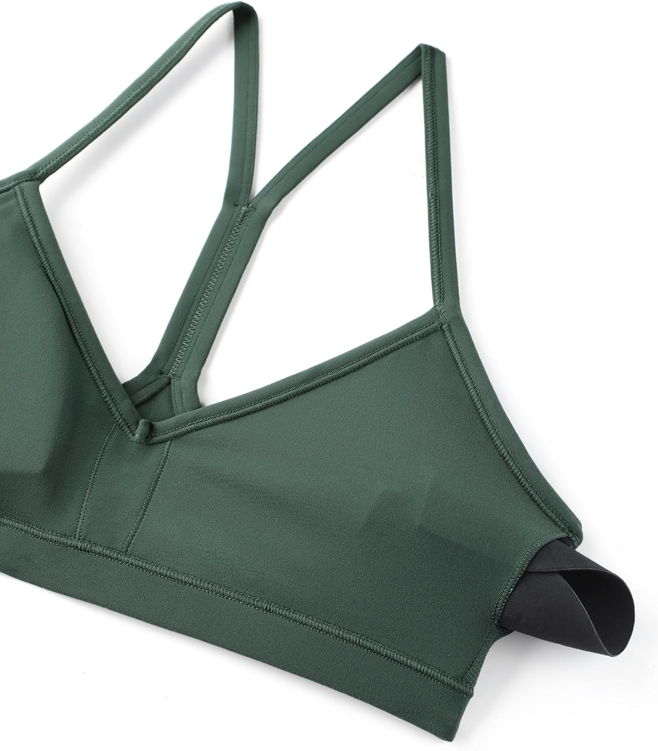 image:imageCRZ YOGA Butterluxe Ruched Sports Bras for Women V Neck Spaghetti Thin Strap Y Back Wireless Padded Yoga Crop TopDark Forest Green