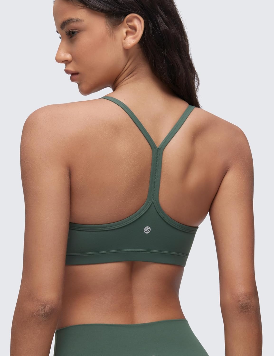 image:imageCRZ YOGA Butterluxe Ruched Sports Bras for Women V Neck Spaghetti Thin Strap Y Back Wireless Padded Yoga Crop TopDark Forest Green