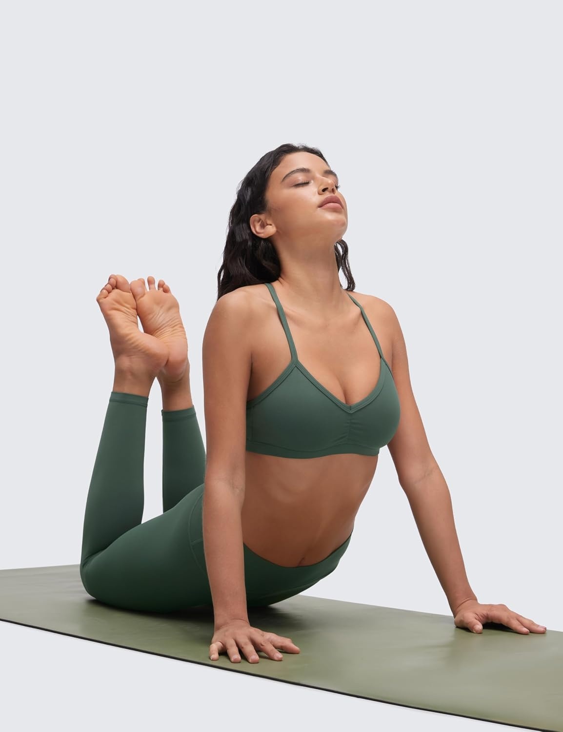 image:imageCRZ YOGA Butterluxe Ruched Sports Bras for Women V Neck Spaghetti Thin Strap Y Back Wireless Padded Yoga Crop TopDark Forest Green