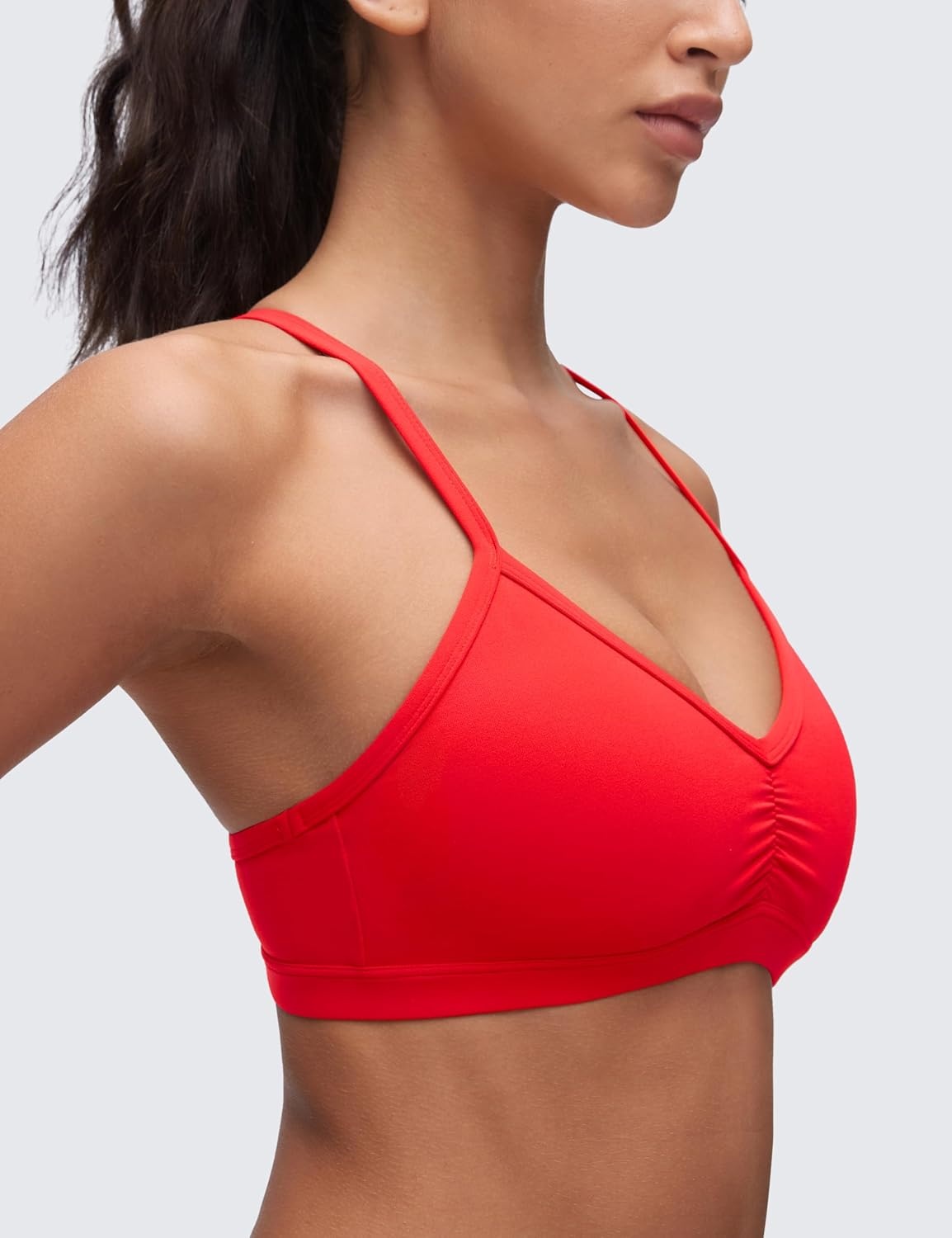 image:imageCRZ YOGA Butterluxe Ruched Sports Bras for Women V Neck Spaghetti Thin Strap Y Back Wireless Padded Yoga Crop TopDeep Red