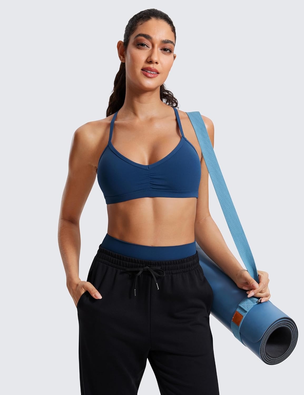 image:imageCRZ YOGA Butterluxe Ruched Sports Bras for Women V Neck Spaghetti Thin Strap Y Back Wireless Padded Yoga Crop TopFrench Navy