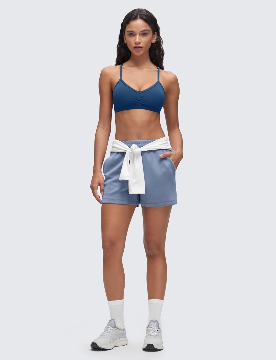 image:imageCRZ YOGA Butterluxe Ruched Sports Bras for Women V Neck Spaghetti Thin Strap Y Back Wireless Padded Yoga Crop TopFrench Navy
