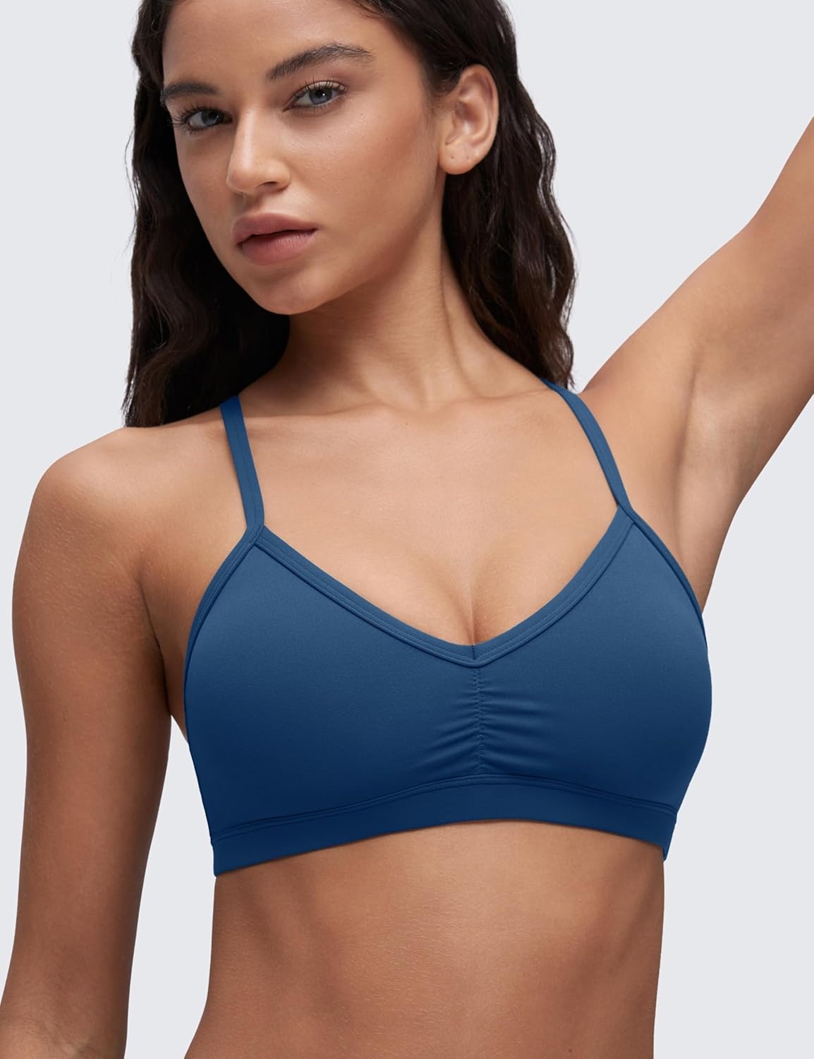 image:imageCRZ YOGA Butterluxe Ruched Sports Bras for Women V Neck Spaghetti Thin Strap Y Back Wireless Padded Yoga Crop TopFrench Navy