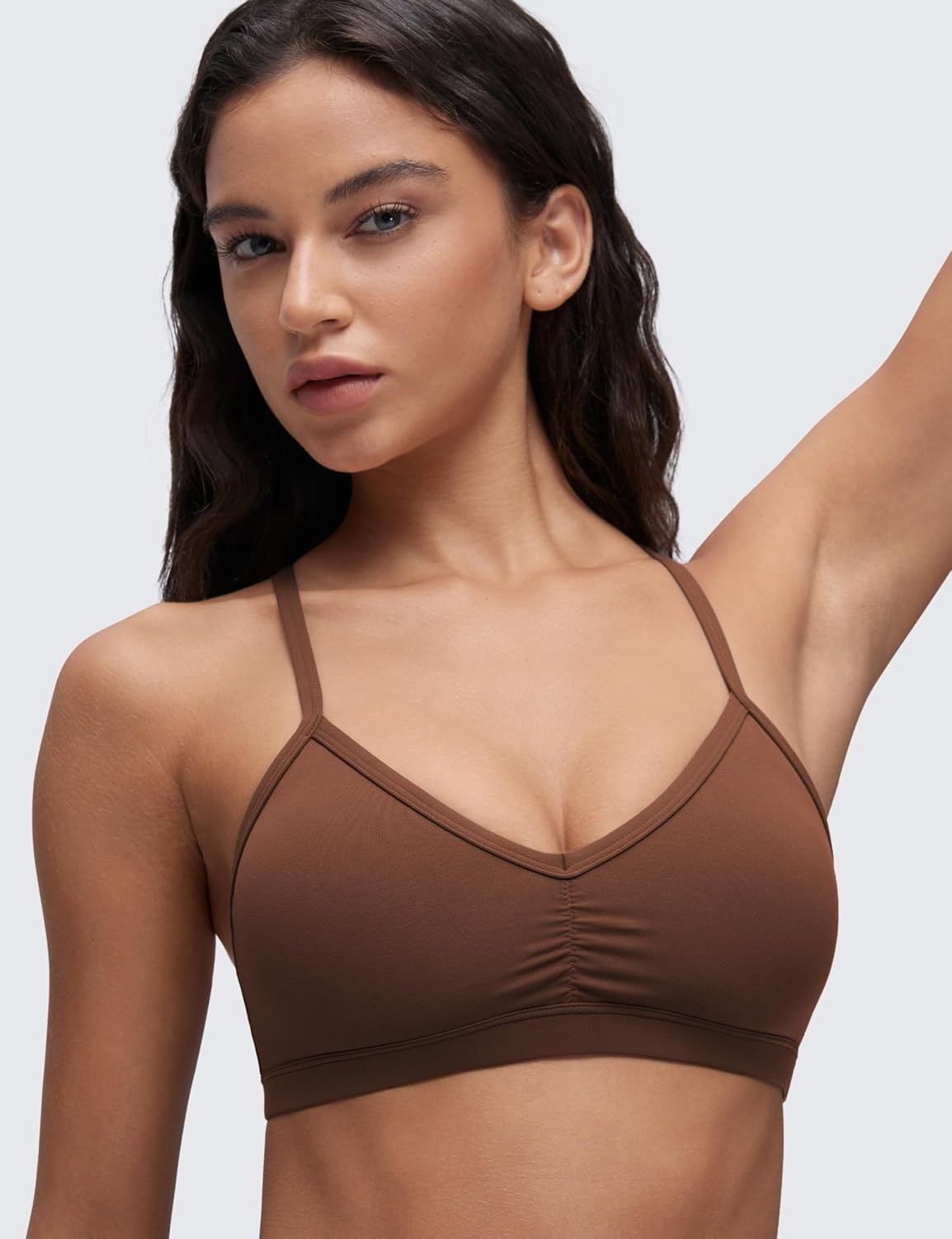 image:imageCRZ YOGA Butterluxe Ruched Sports Bras for Women V Neck Spaghetti Thin Strap Y Back Wireless Padded Yoga Crop TopLava Brown