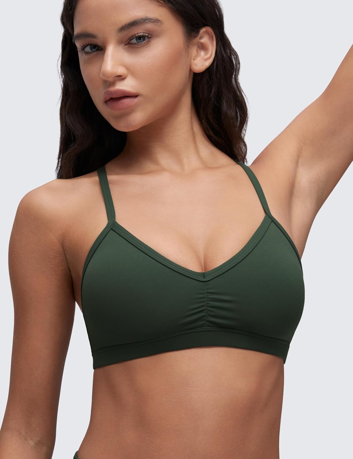 image:imageCRZ YOGA Butterluxe Ruched Sports Bras for Women V Neck Spaghetti Thin Strap Y Back Wireless Padded Yoga Crop TopLegend Green