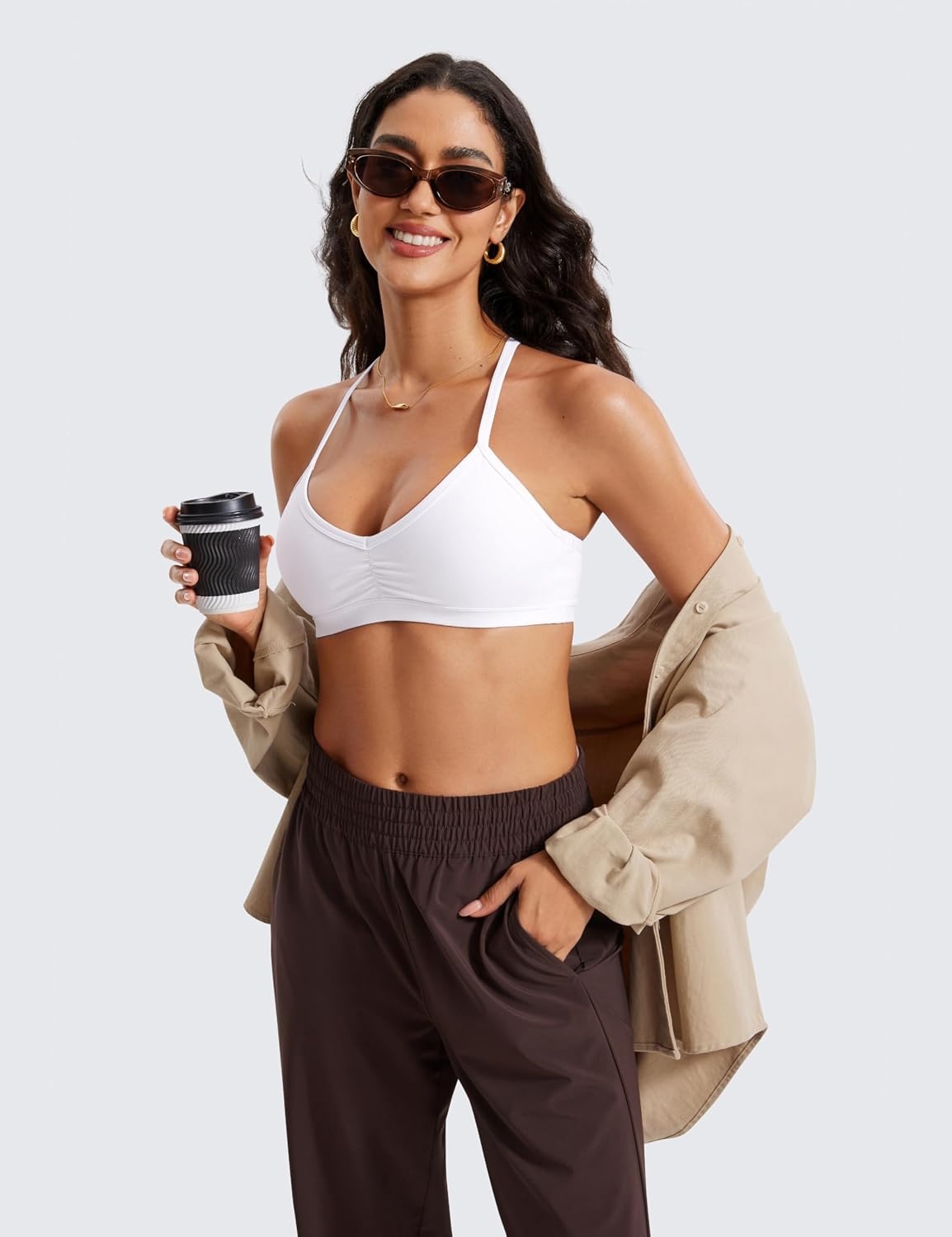 image:imageCRZ YOGA Butterluxe Ruched Sports Bras for Women V Neck Spaghetti Thin Strap Y Back Wireless Padded Yoga Crop TopWhite