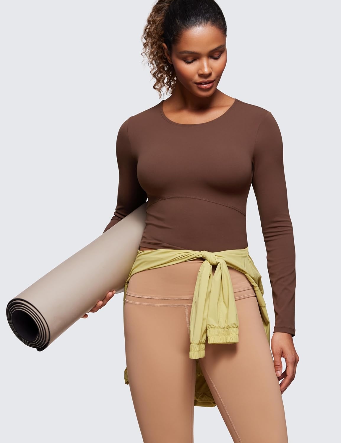 image:imageCRZ YOGA Butterluxe Scoop Neck Long Sleeve Shirts for Women Workout Athletic Casual Tops Crop Slim Basic Tight ShirtCoffee Brown