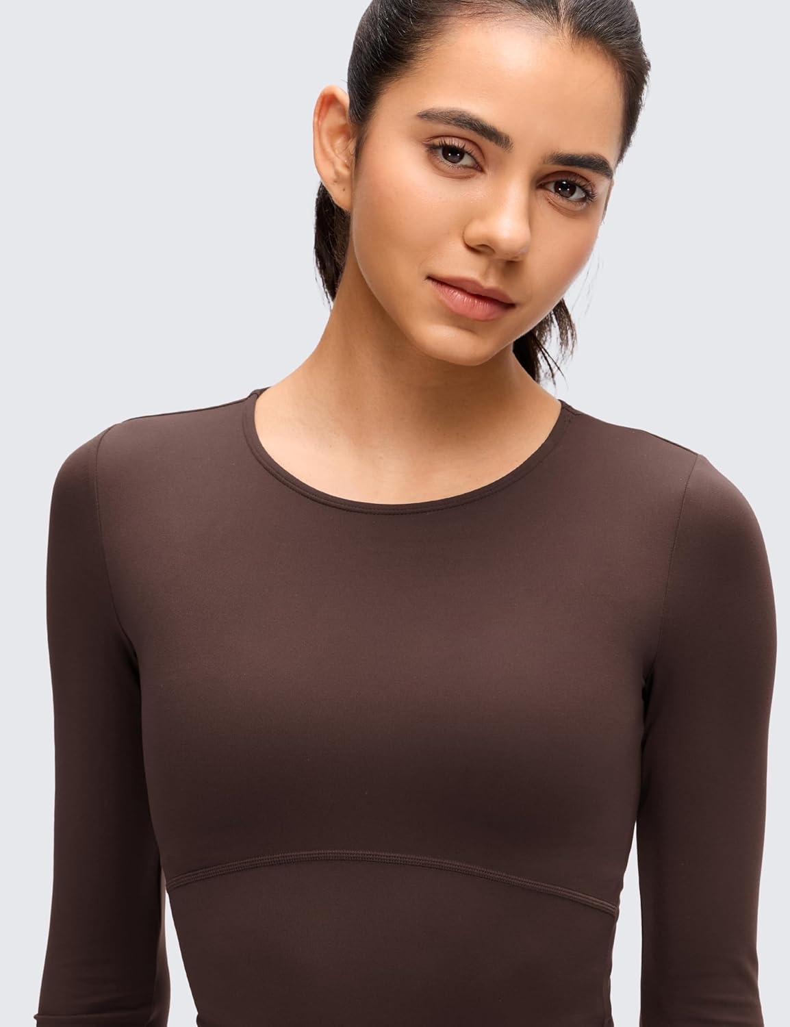 image:imageCRZ YOGA Butterluxe Scoop Neck Long Sleeve Shirts for Women Workout Athletic Casual Tops Crop Slim Basic Tight ShirtHot Fudge Brown