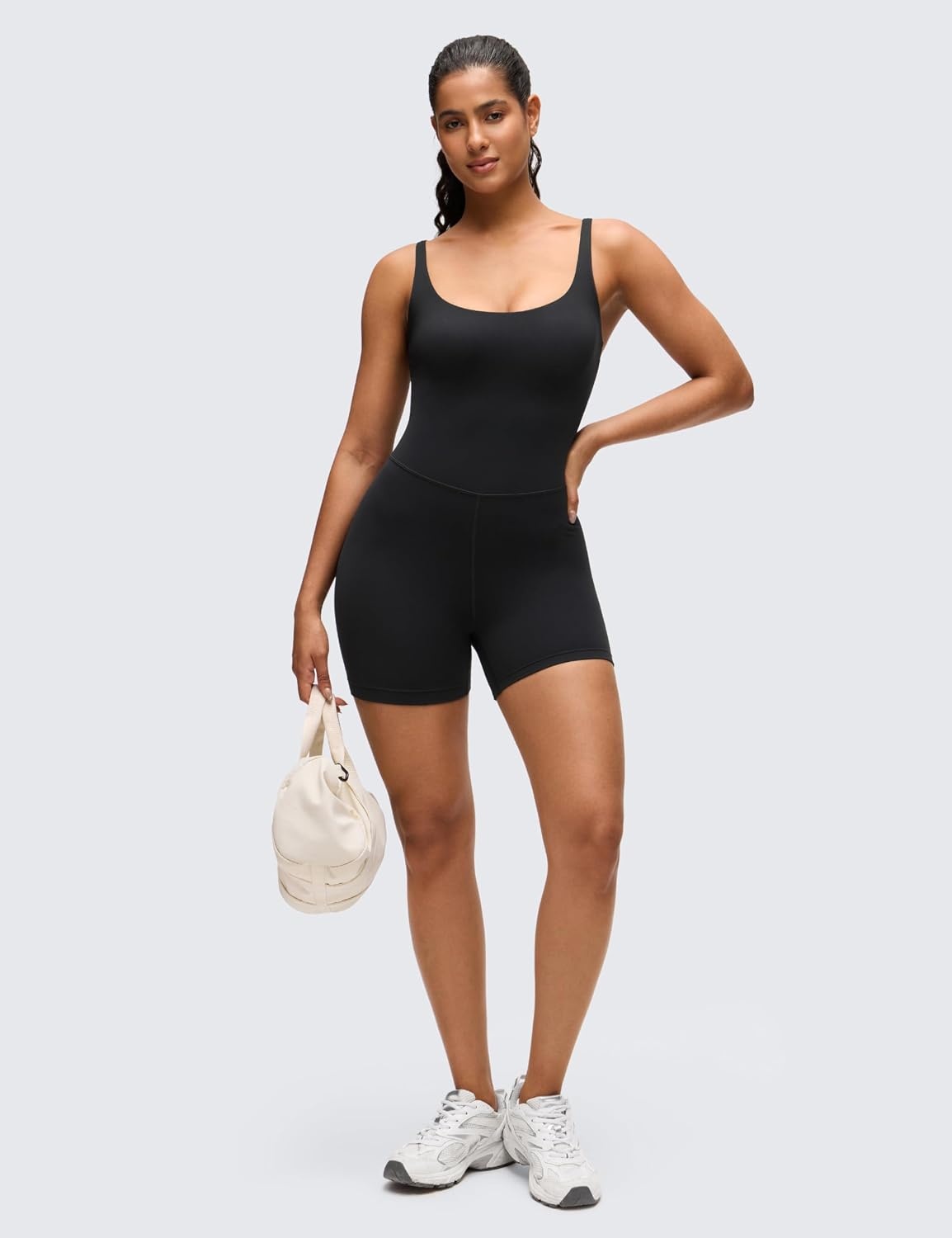 image:imageCRZ YOGA Butterluxe Soft Double Lined Cami Rompers for Women Tank Top Sleeveless One Piece Yoga Jumpsuit Bodysuit ShortsBlack