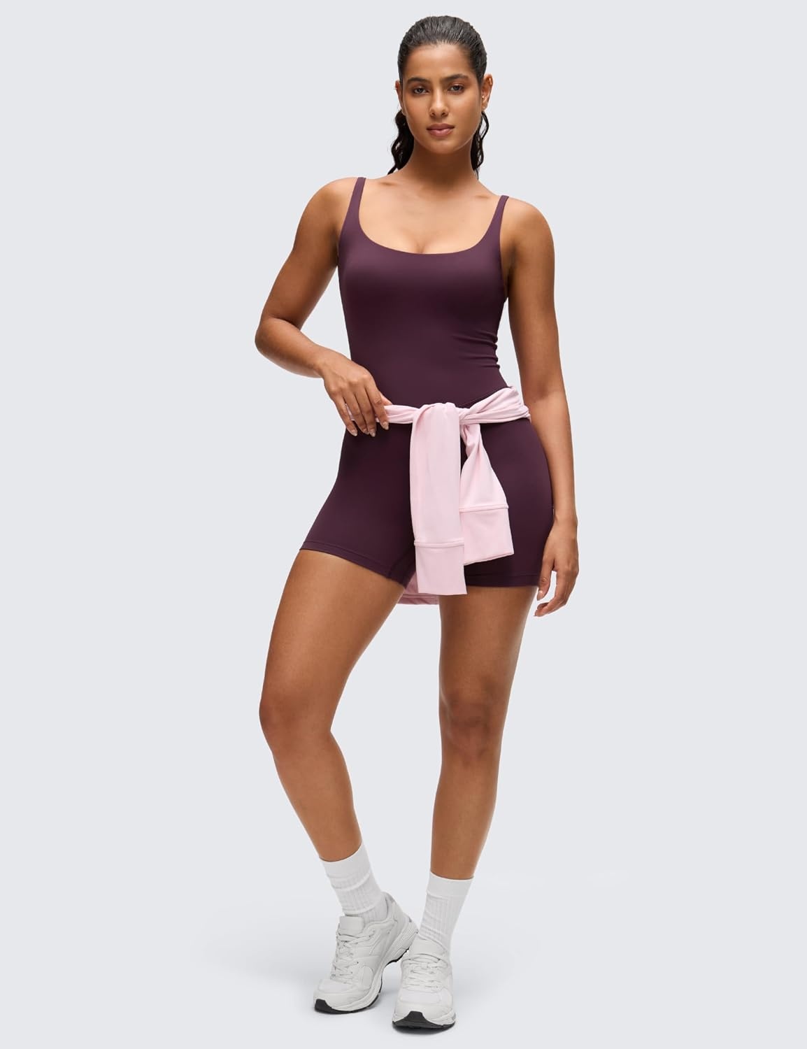 image:imageCRZ YOGA Butterluxe Soft Double Lined Cami Rompers for Women Tank Top Sleeveless One Piece Yoga Jumpsuit Bodysuit ShortsDeep Purple