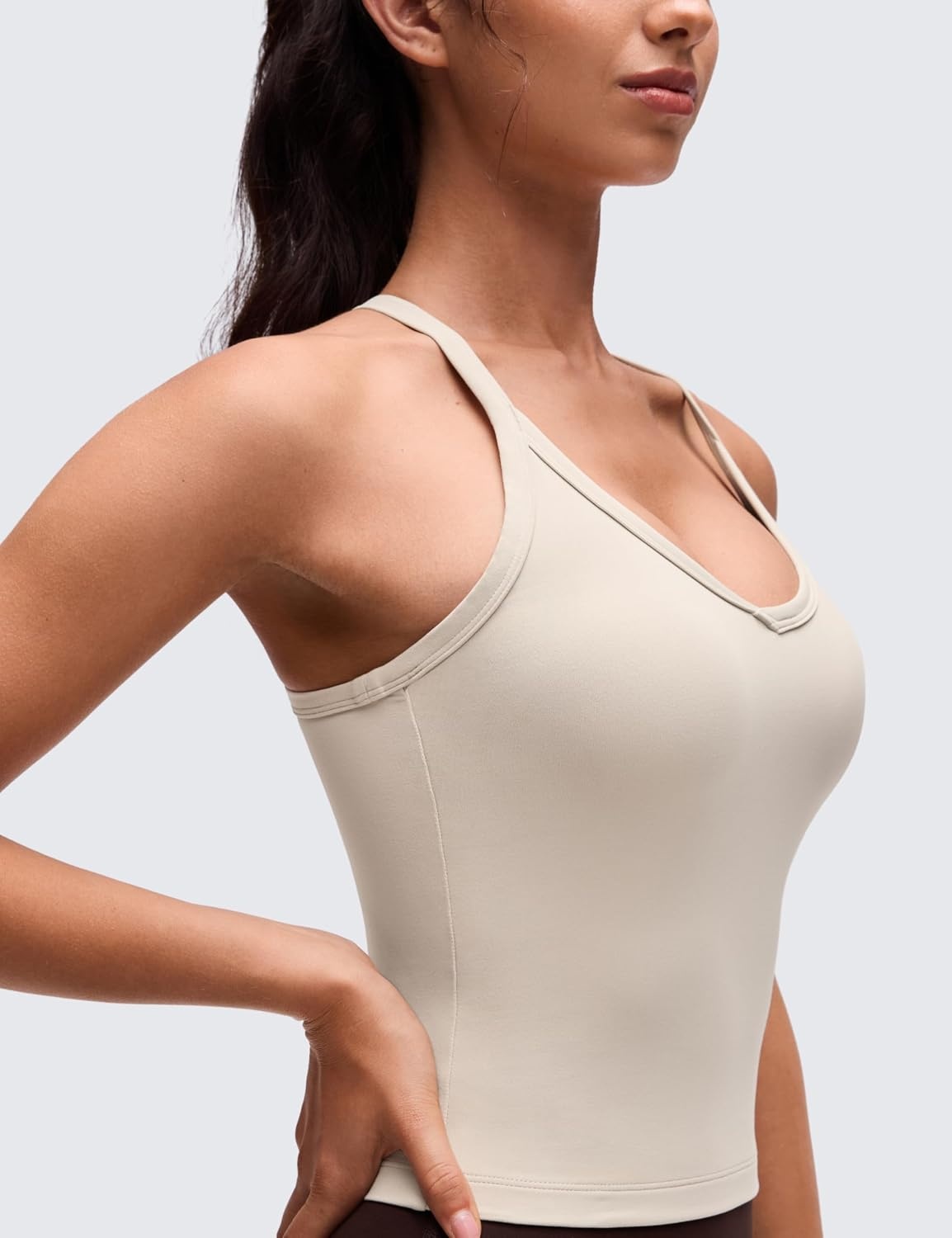 image:imageCRZ YOGA Butterluxe Soft Double Lined V Neck Tank Tops for Women Yoga Casual Camisole Racerback Tight Sleeveless ShirtMojave Tan