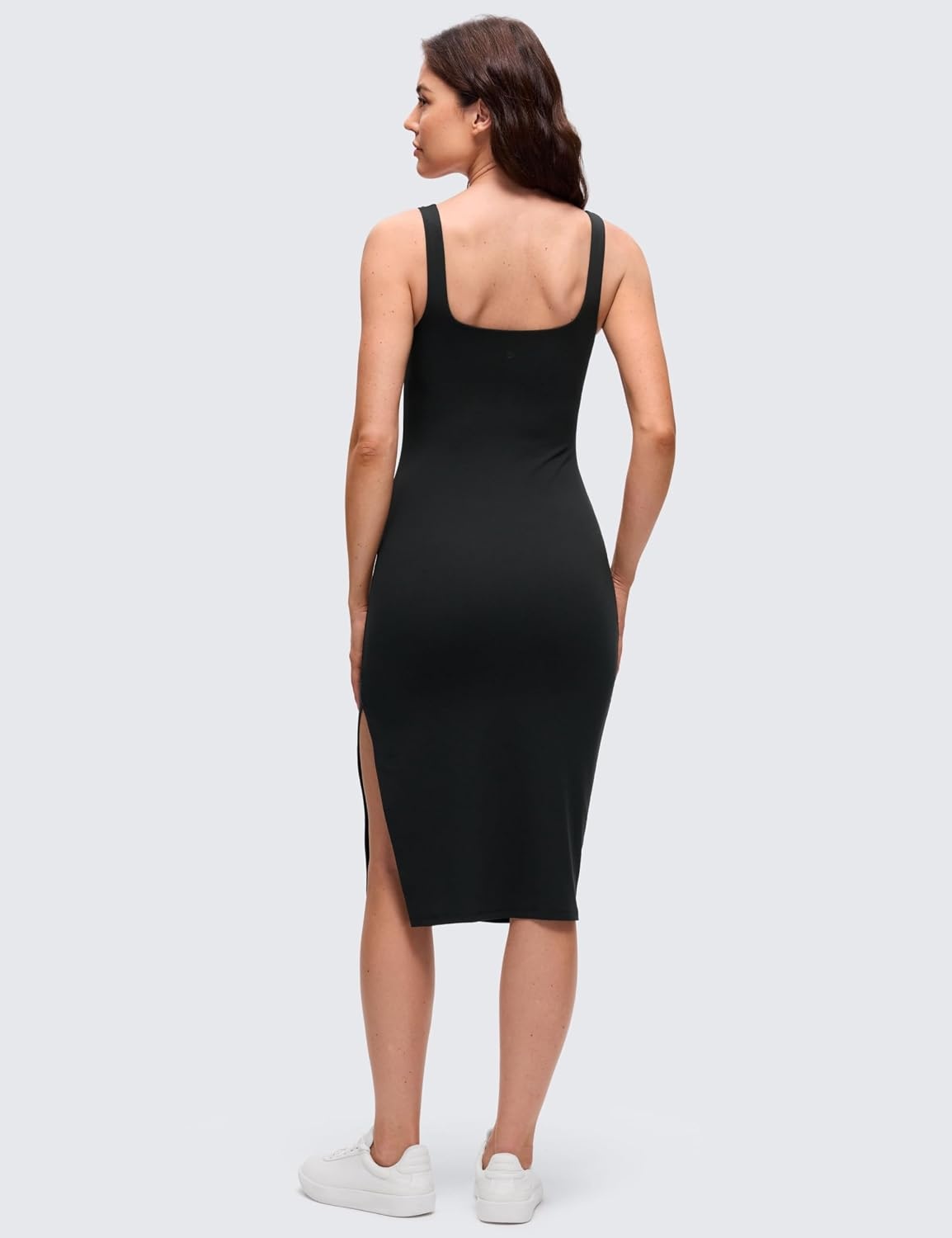 image:imageCRZ YOGA Butterluxe Square Neck Midi Casual Dress for Women Bodycon Side Slit Travel Party Outfits with Builtin BrasBlack