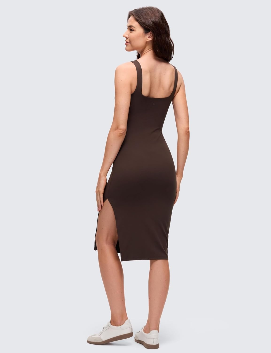image:imageCRZ YOGA Butterluxe Square Neck Midi Casual Dress for Women Bodycon Side Slit Travel Party Outfits with Builtin BrasHot Fudge Brown