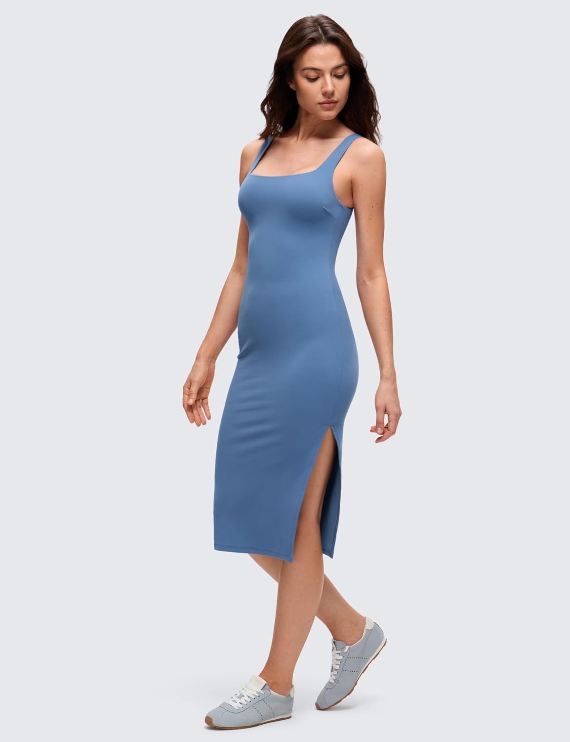 image:imageCRZ YOGA Butterluxe Square Neck Midi Casual Dress for Women Bodycon Side Slit Travel Party Outfits with Builtin BrasOasis Blue