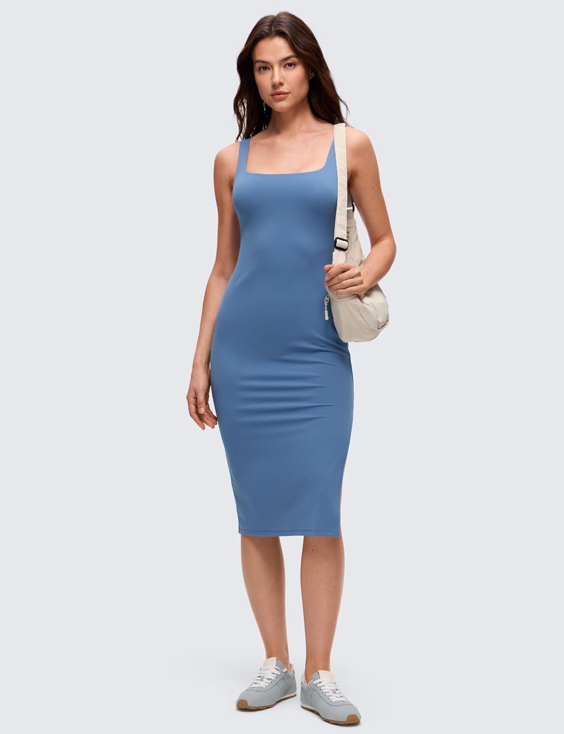 image:imageCRZ YOGA Butterluxe Square Neck Midi Casual Dress for Women Bodycon Side Slit Travel Party Outfits with Builtin BrasOasis Blue