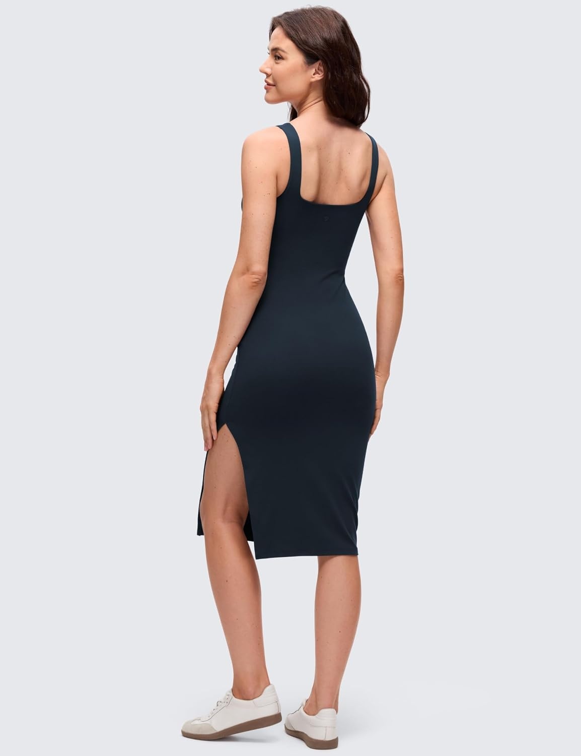 image:imageCRZ YOGA Butterluxe Square Neck Midi Casual Dress for Women Bodycon Side Slit Travel Party Outfits with Builtin BrasTrue Navy