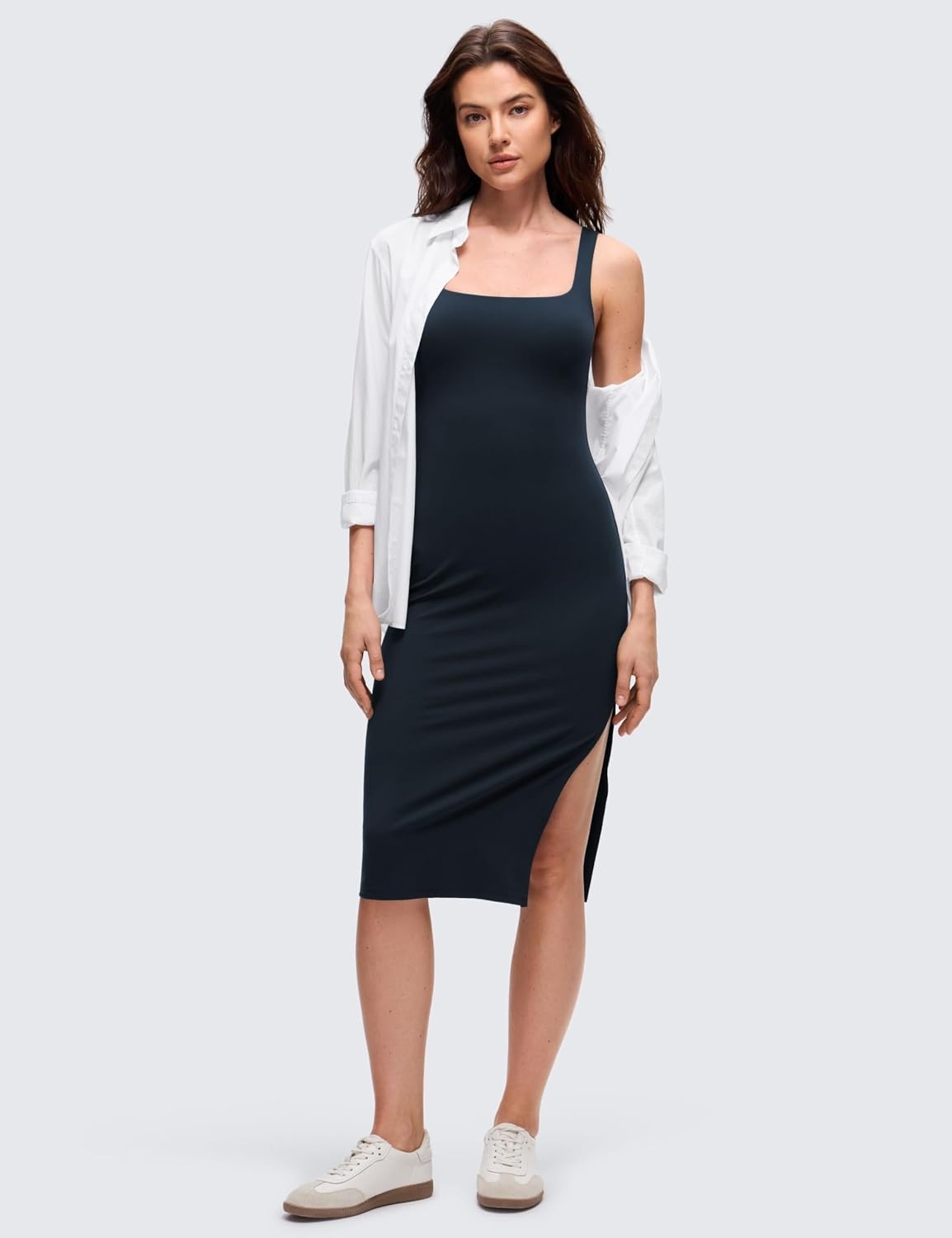 image:imageCRZ YOGA Butterluxe Square Neck Midi Casual Dress for Women Bodycon Side Slit Travel Party Outfits with Builtin BrasTrue Navy