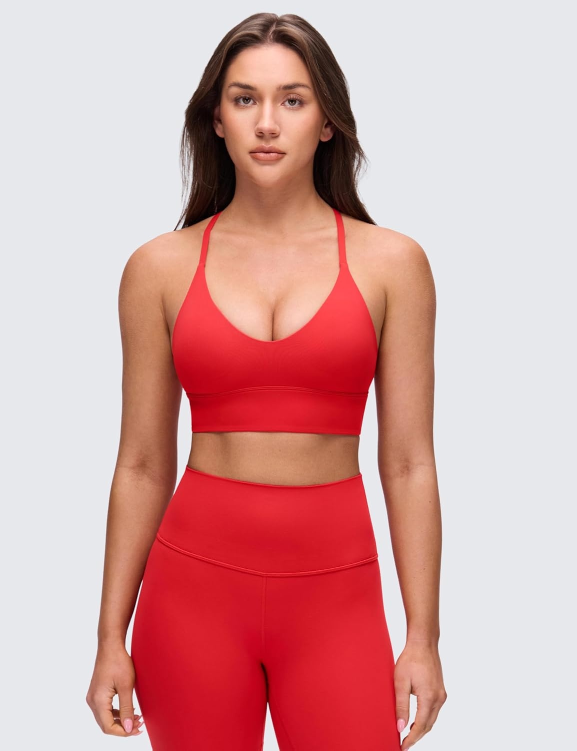image:imageCRZ YOGA Butterluxe Thin Straps Cross Back Longline Sports Bras for Women Padded V Neck Yoga Crop TopDeep Red