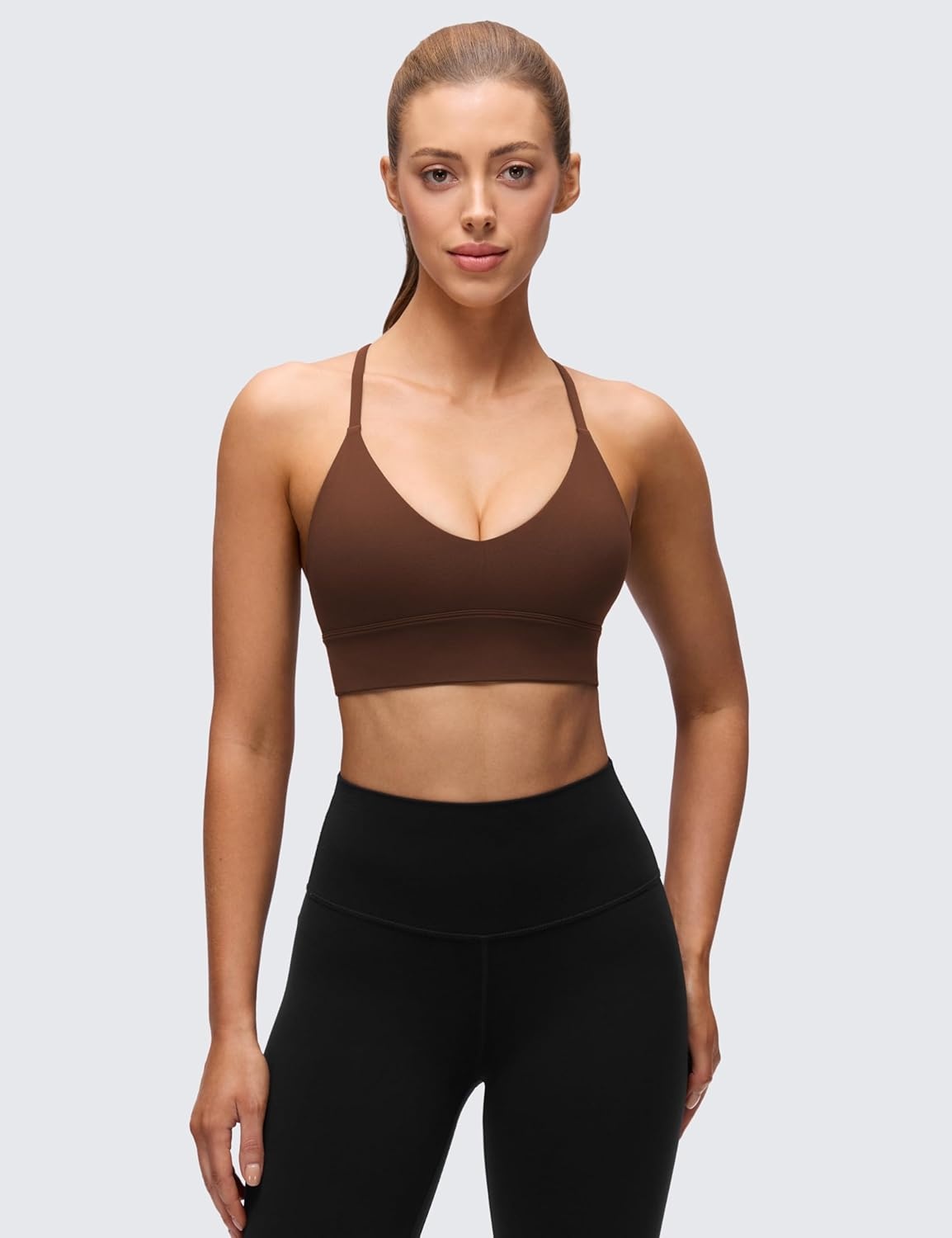image:imageCRZ YOGA Butterluxe Thin Straps Cross Back Longline Sports Bras for Women Padded V Neck Yoga Crop TopLava Brown