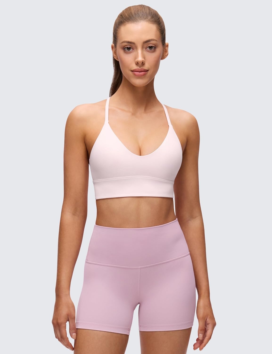 image:imageCRZ YOGA Butterluxe Thin Straps Cross Back Longline Sports Bras for Women Padded V Neck Yoga Crop TopStrawberry Pink