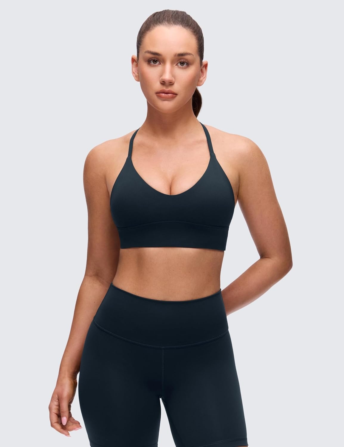 image:imageCRZ YOGA Butterluxe Thin Straps Cross Back Longline Sports Bras for Women Padded V Neck Yoga Crop TopTrue Navy