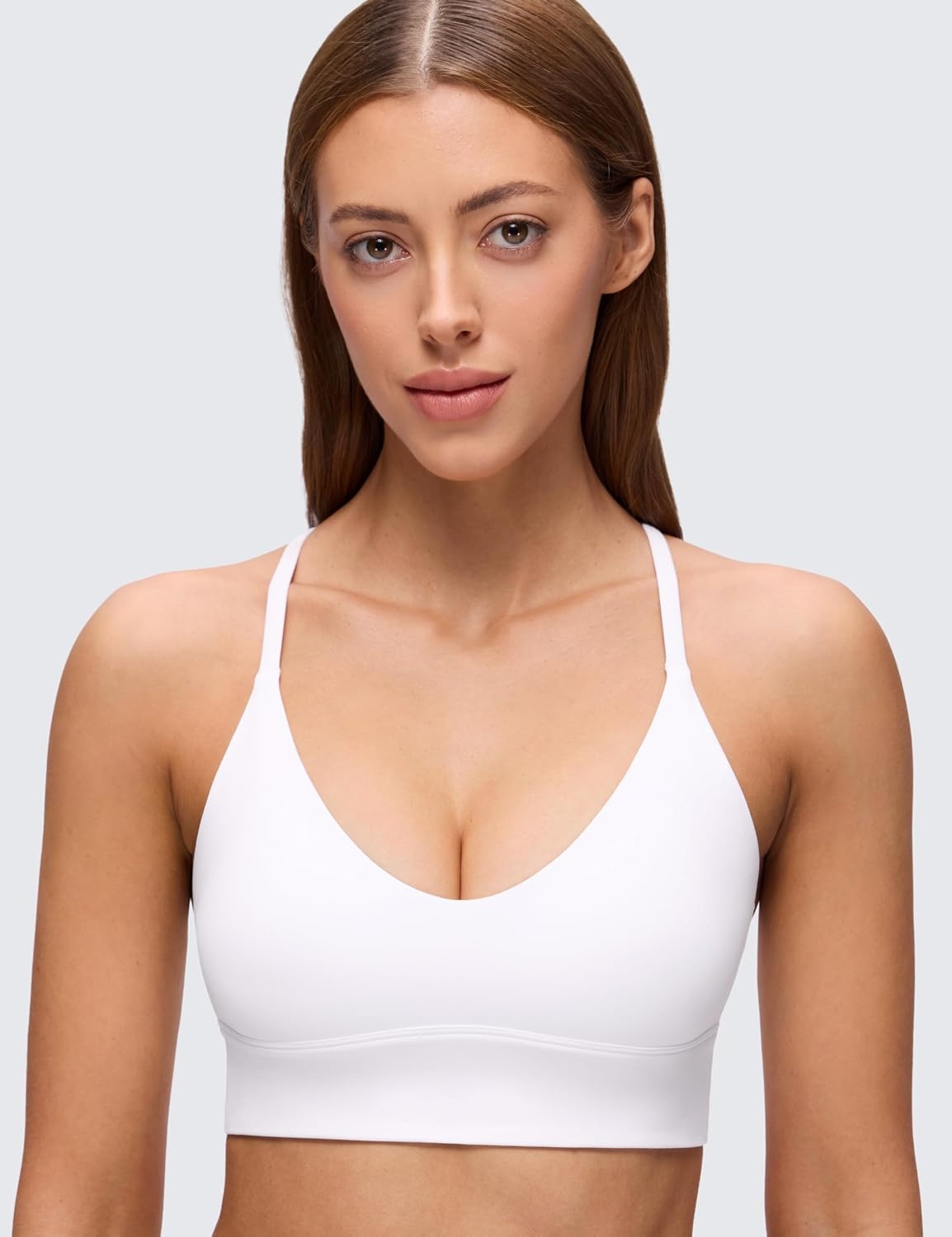 image:imageCRZ YOGA Butterluxe Thin Straps Cross Back Longline Sports Bras for Women Padded V Neck Yoga Crop TopWhite