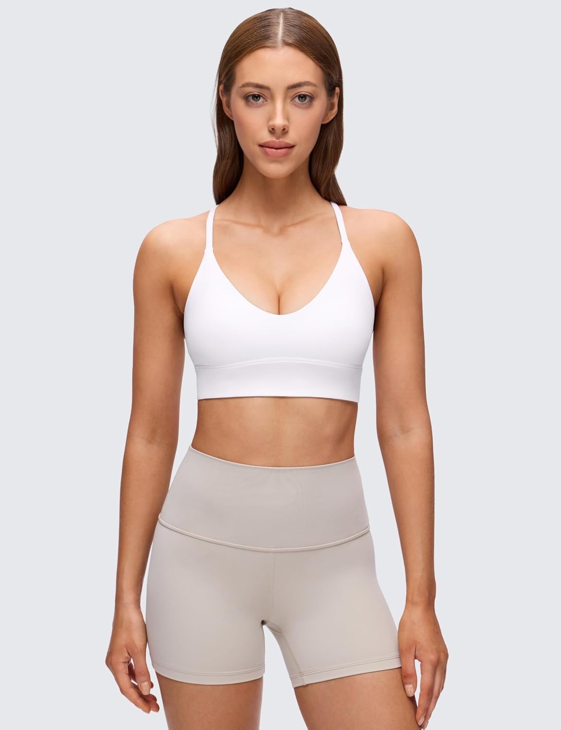 image:imageCRZ YOGA Butterluxe Thin Straps Cross Back Longline Sports Bras for Women Padded V Neck Yoga Crop TopWhite