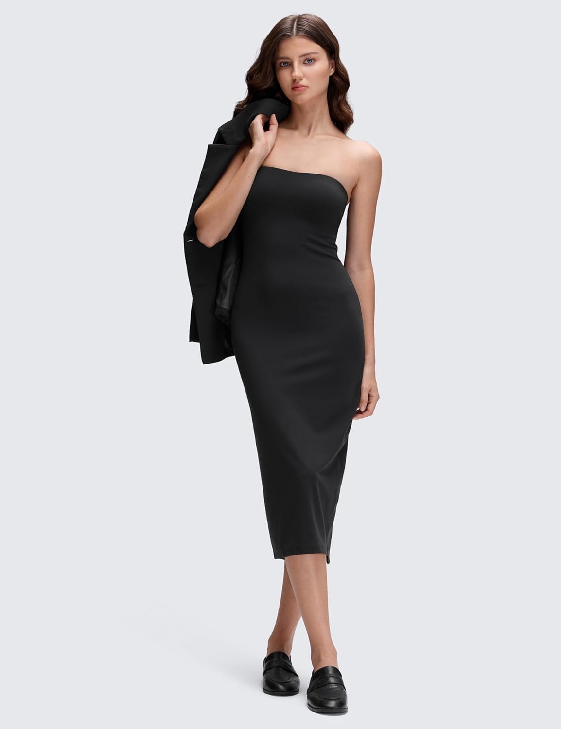 image:imageCRZ YOGA Butterluxe Tube Top Midi Dress for Women Bodycon Strapless Off Shoulder Casual Party Outfits with PaddedBlack
