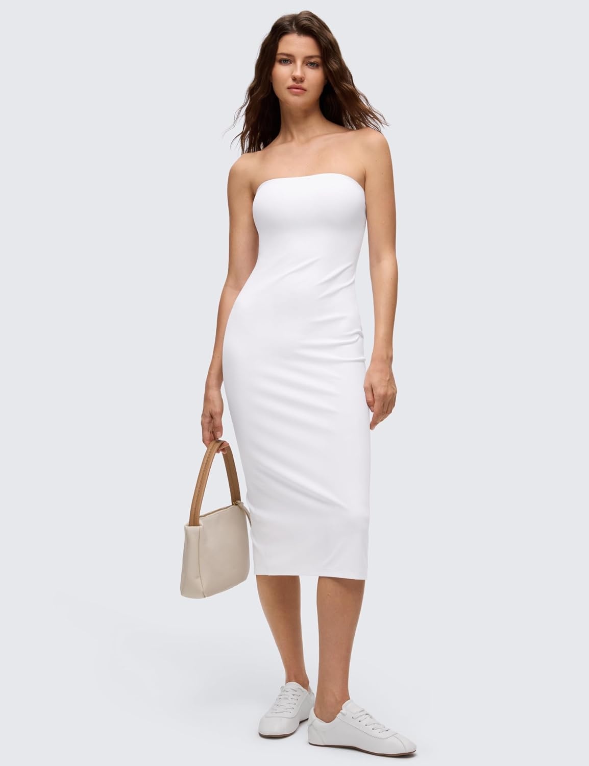image:imageCRZ YOGA Butterluxe Tube Top Midi Dress for Women Bodycon Strapless Off Shoulder Casual Party Outfits with PaddedWhite