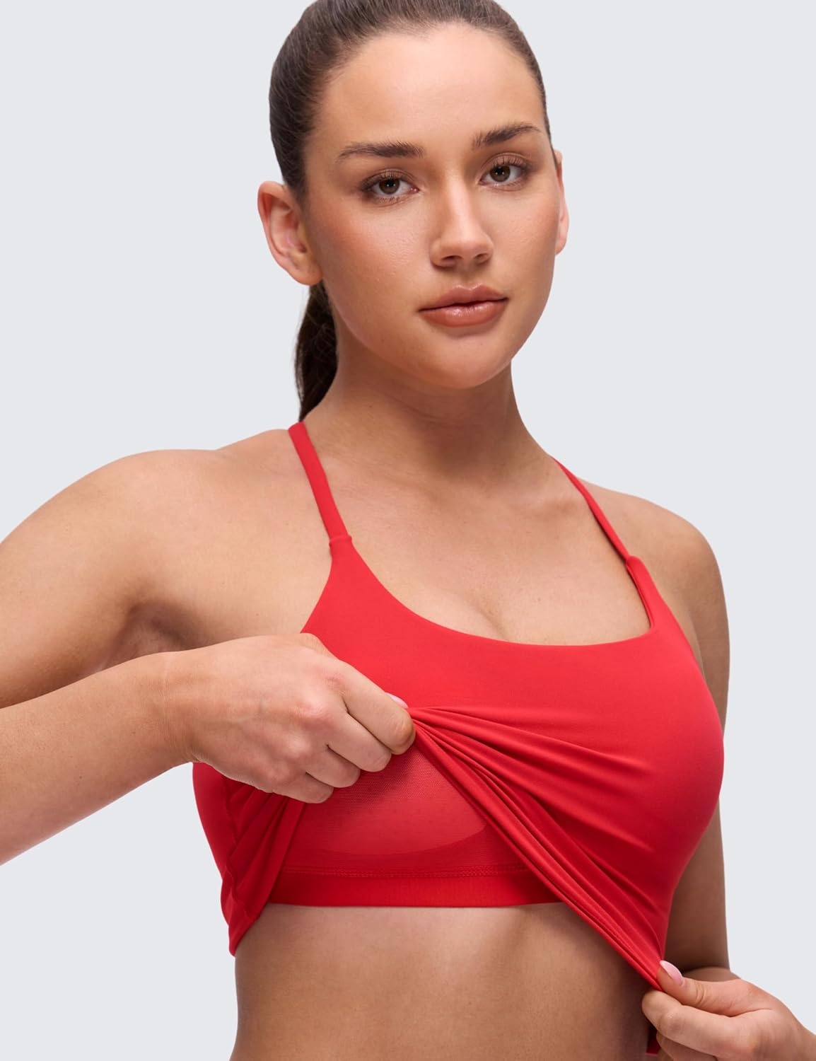 image:imageCRZ YOGA Butterluxe Twist Cross Back Crop Tank Tops for Women Padded Adjustable Straps Yoga Longline Sports BrasAurora Red