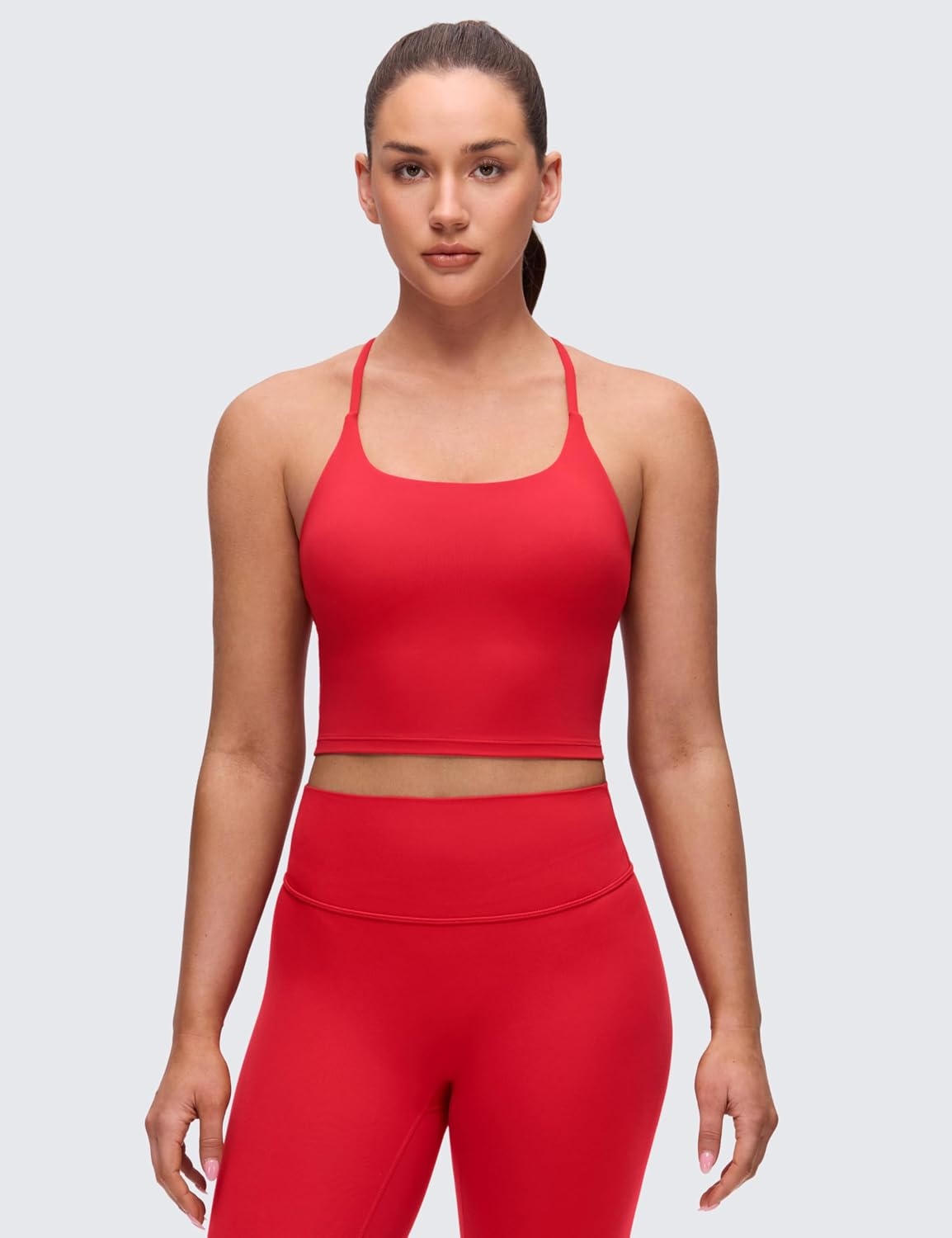 image:imageCRZ YOGA Butterluxe Twist Cross Back Crop Tank Tops for Women Padded Adjustable Straps Yoga Longline Sports BrasAurora Red