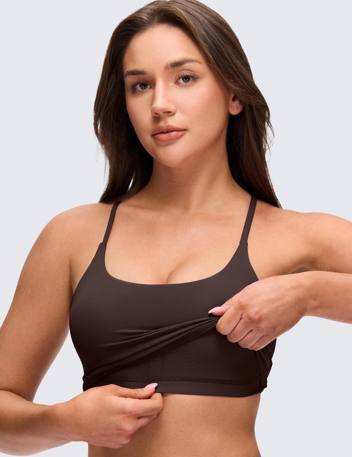 image:imageCRZ YOGA Butterluxe Twist Cross Back Crop Tank Tops for Women Padded Adjustable Straps Yoga Longline Sports BrasHot Fudge Brown